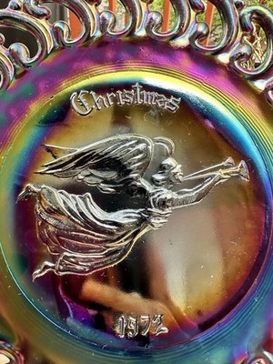 L.E. Smith Carnival Glass Plate Christmas 1972 Angel Iridescent Lacy Edge VTG