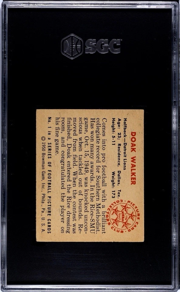 Tarjeta de fútbol americano de novato 1950 Bowman #1 Doak Walker clasificación SGC *CGC605* Foto 2 de 2