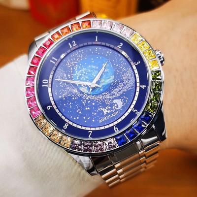 AOKULASIC Herrenuhr Automatik mit Leuchtdial & Regenbogenlünette - Edelstahl ...
