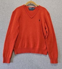 Polo Ralph Lauren Sweater 100 Lambswool V Neck Men's Sz M Orange W Green Pony