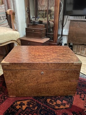 Exceptional Large Antique Solid Burr Wood Storage Chest Brass Bound Lock & Key 