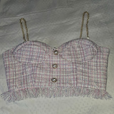 Women s Pink/White Tweed Plaid Bustier Corset Top S Chain Straps Fringe Zip