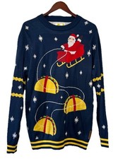 Tipsy Elves Men  s Large Navy Blue Ugly Christmas Sweater Santa Tacos