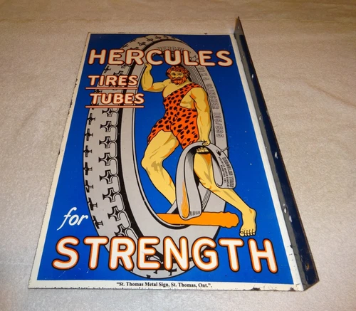 VINTAGE "HERCULES TIRES & TUBES" 20" PORCELAIN METAL GASOLINE OIL DS FLANGE SIGN