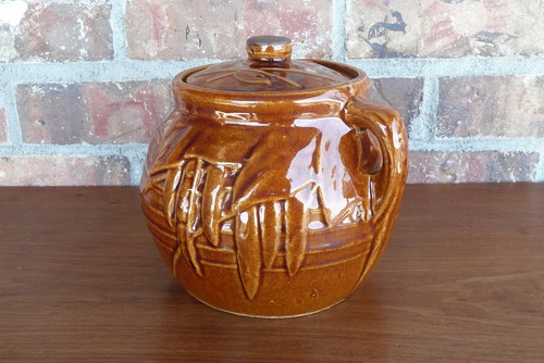 McCoy Pottery Brown 2 qt Bean Pot - Cookie Jar Pea Pod Pattern Country Farmhouse - Picture 5 of 12