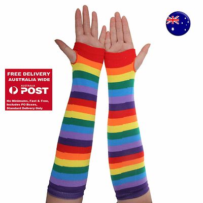 Women Girl Party Rainbow colorful Stripe Long Arm Fingerless Gloves Mittens 