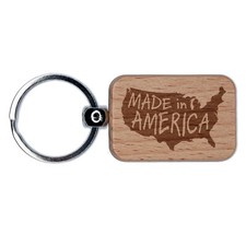 Made in America USA Silhouette Engraved Wood Rectangle Keychain Tag Charm