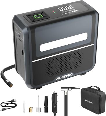 WORKPRO Tire Inflator Portable Air Compressor-12V w/7500mAh Battery150PSI 3-in-1