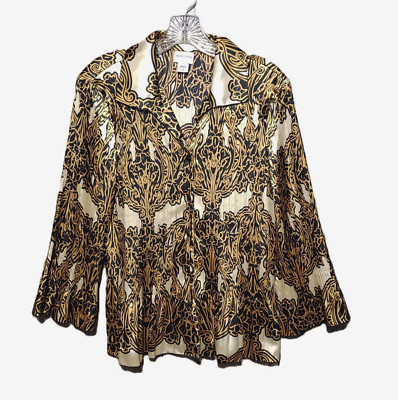 Jaclyn Smith L Blouse Top Satin Beige Black Bell Sleeve Button Front Shiny
