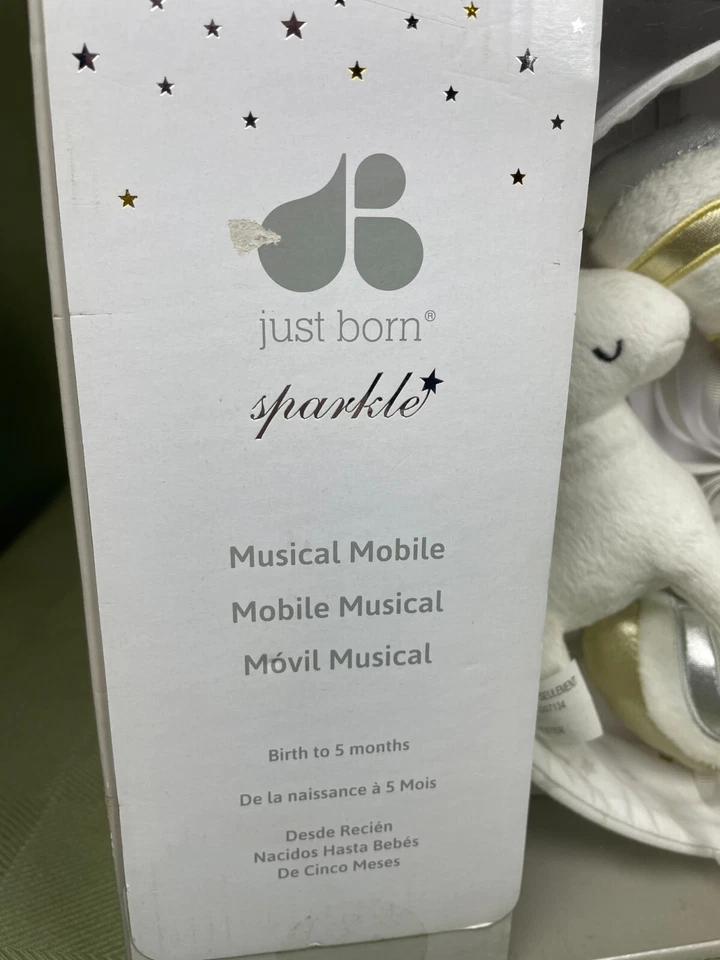 ¡Móvil musical Just Born Sparkle recién nacido/niño pequeño blanco y dorado unicornio y arco iris! Foto 3 de 4
