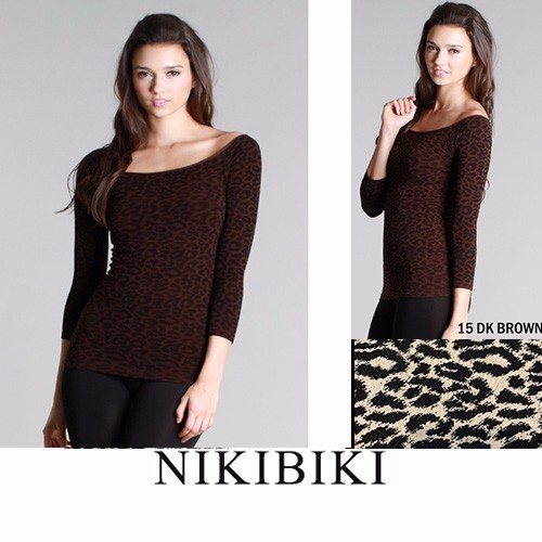 High Quality Leopard Print Scoop Neck Top with 3/4 Sleeves in Brown OS - Picture 1 of 3