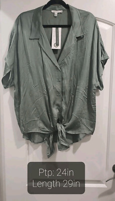Threads 4 Thought Women's Sheena Sateen Button-Up Shirt Green XXL NWT