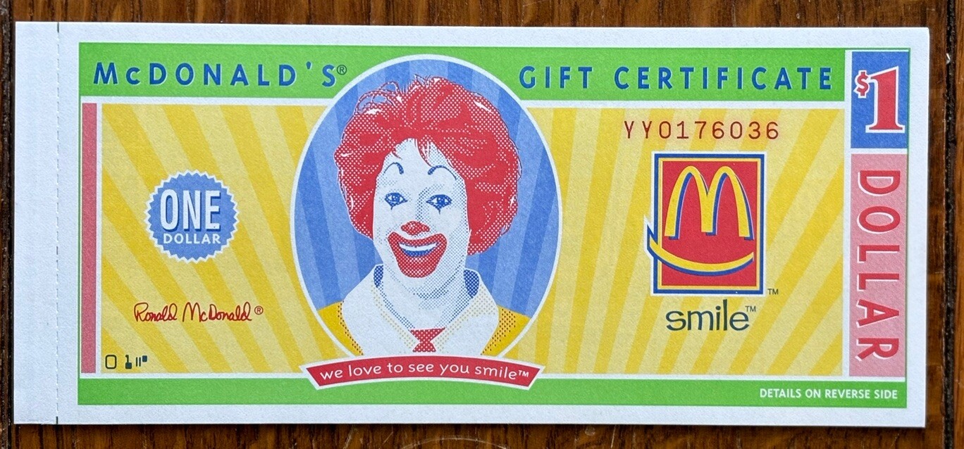 Vintage 2001 Booklet Of 5 - $1.00 (One Dollar) McDonald’s Gift ...
