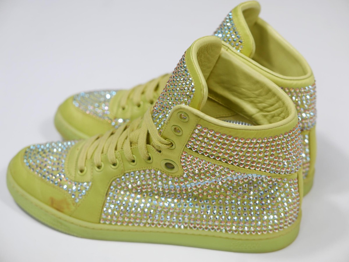 超レア EU37.5 GUCCI グッチ ヒール Crystal 248A Gucci Sneakers High Top Swarovski Crystals Leather Lime RARE