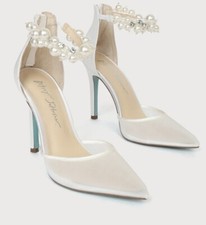 Betsey Johnson SB-Ellah Ivory Satin Rhinestone Pearl Ankle Strap Pumps