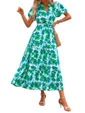 PRETTYGARDEN Summer Maxi Dress for Women Casual Wear To Work V Neck Puff S|73613