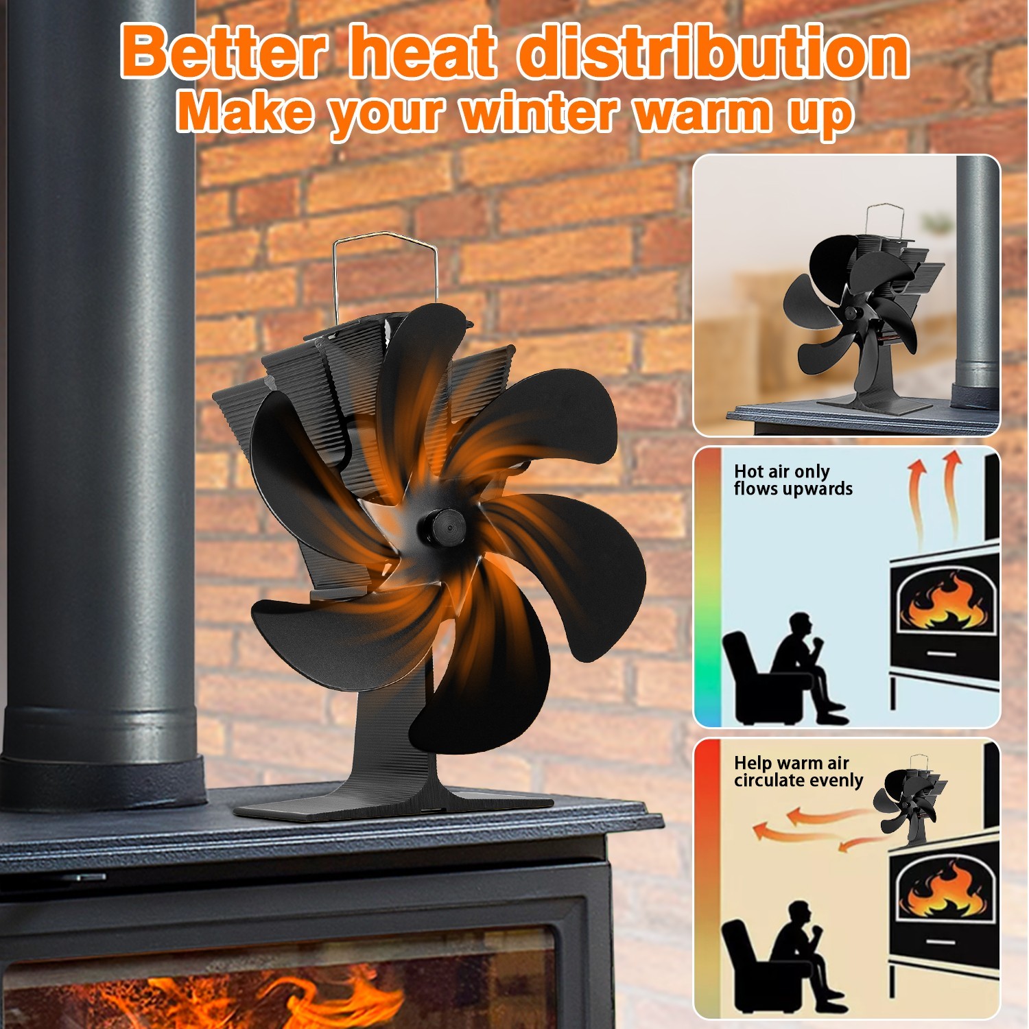 6 Blade Fireplace Wood Stove Fan  Heat Powered Induction Silent ECO for Heater
