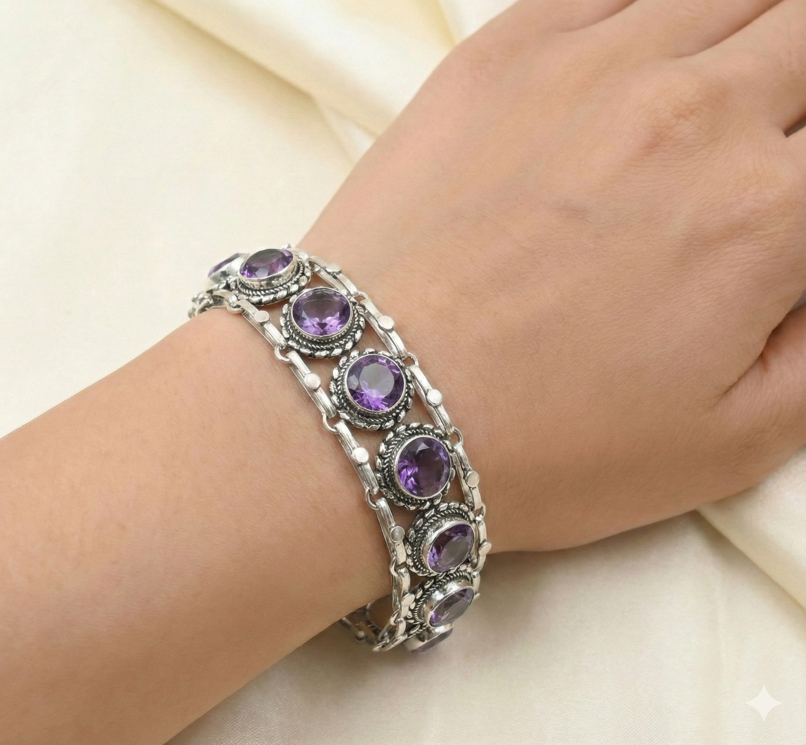 Purple Amethyst Gemstone Handmade 925 Sterling Silver Jewelry Chain Bracelet ADJ