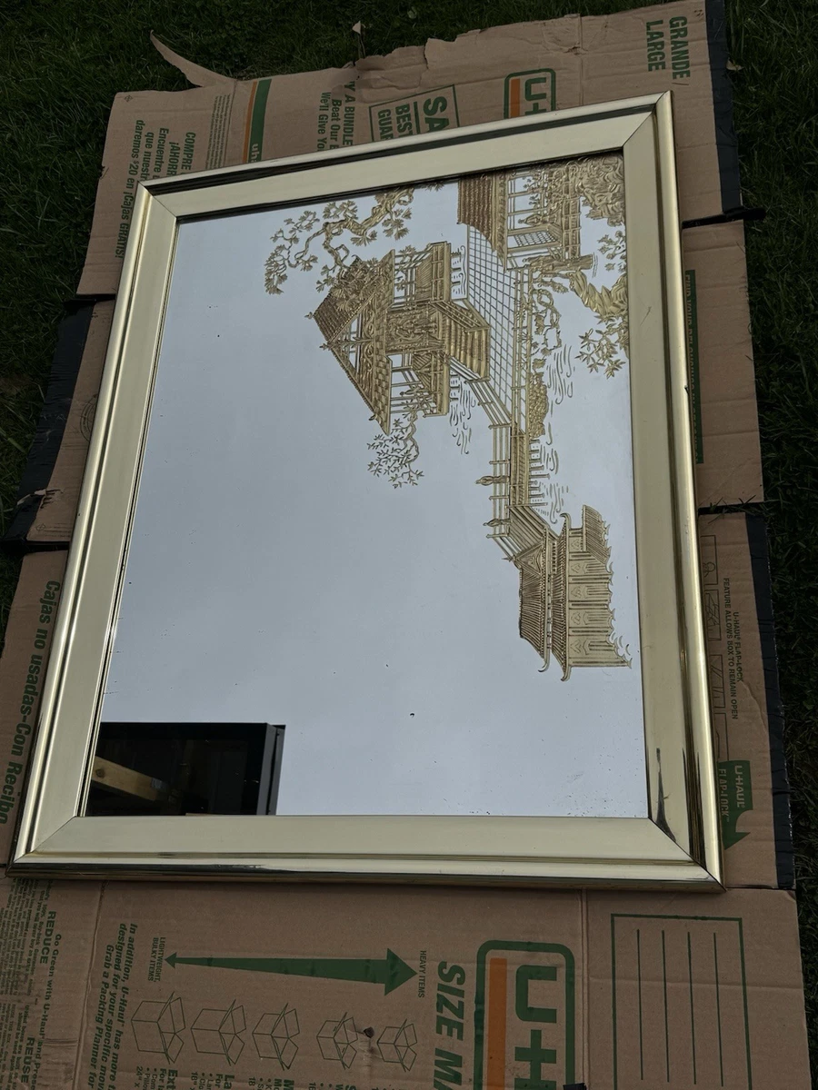 Vintage Hollywood Regency gold Etched Wall Mirror asian pagoda motif H35”W45”1/2