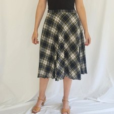 70s Blue and Green Plaid Pleated Midi Skirt