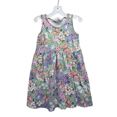 HM Kids Girls Green Butterfly Floral Print Sleeveless Cotton Dress Size 5-6Y