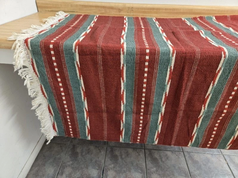 Vtg. throw or blanket w/fringe. White, green and red. - Image 2 of 4