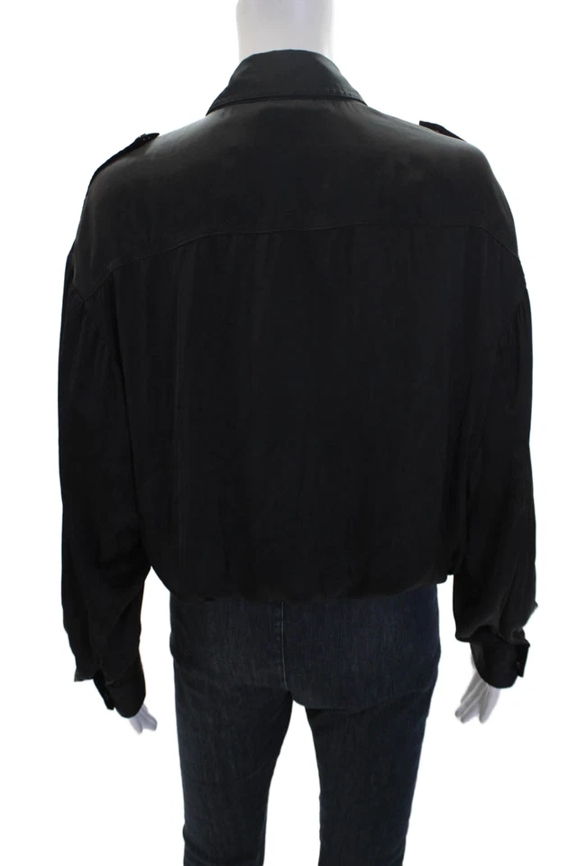 Ramy Brook Collared Buttoned Detail Drawstring Waist Cropped Blouse Black Size S - Image 3 of 4