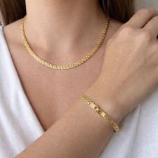 Golden Nugget Textured Flat Chain Necklace Bracelet Set Vintage 24" and 7.5"