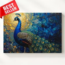 Canvas Wall Art Peacock Impasto Golden Sun Painted Thick Swirling Strokes