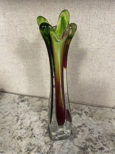 MCM Rare Color Vintage Art Glass Swung Vase Style Look. Murano? Josef Hospodka?