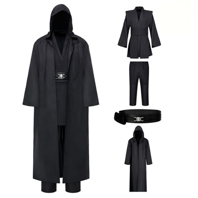 Men Anakin Skywalker Jedi Cosplay Hooded Robe Full Set Black Halloween Size XL-