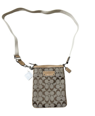 Coach Factory Beige/Brown Signature Monogram Crossbody Zip Adjustable Strap