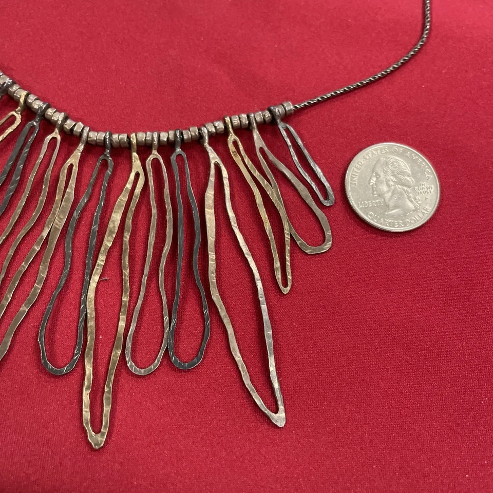 Israel Pz Sterling Silver 925 Tri Color Hammered Dangle Statement 18” Necklace - Image 2 of 4