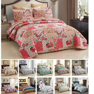 Bedspread Coverlet Set 3-Piece Oversized Bed Cover, Floral Patchwork Quilt Sets