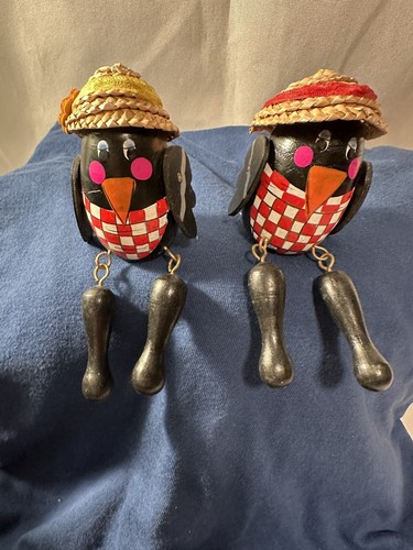 Vintage Wooden Crow Blackbird Shelf Sitters w/ Straw Hat set of 2 Terrys Village