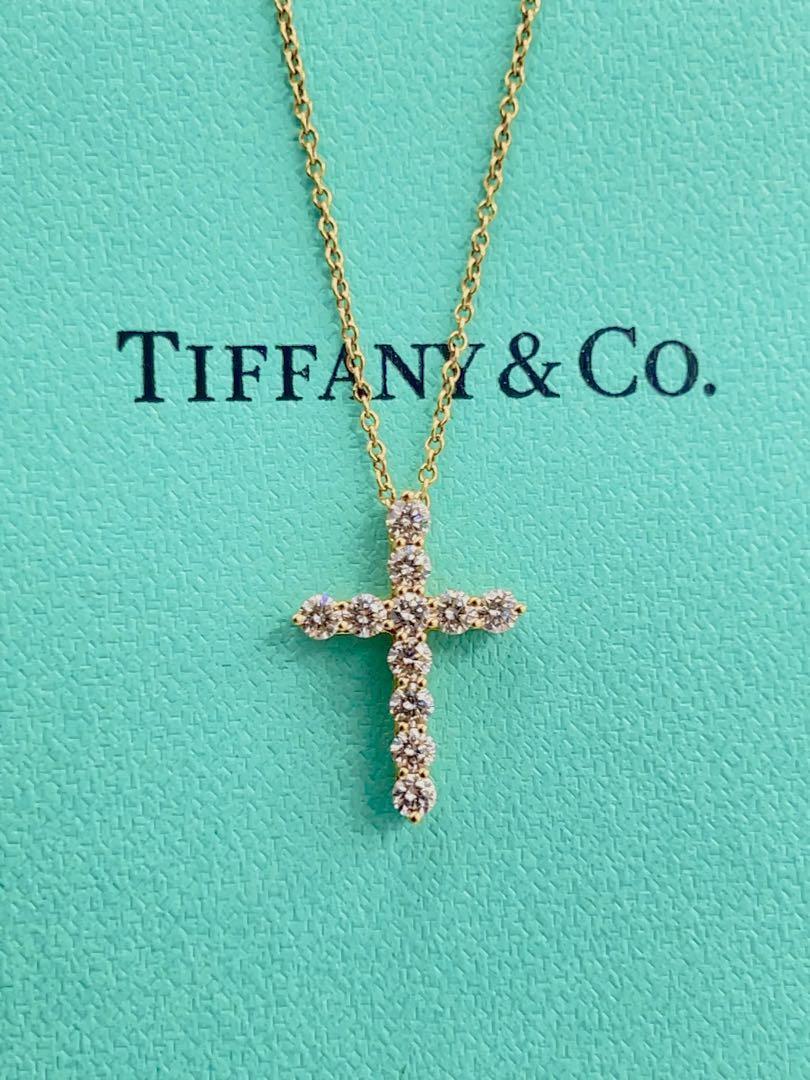 Authentic Tiffany & Co. Diamond Cross Pendant Necklace K18YG Authentic Tiffany & Co. Diamond Cross Pendant Necklace K18YG