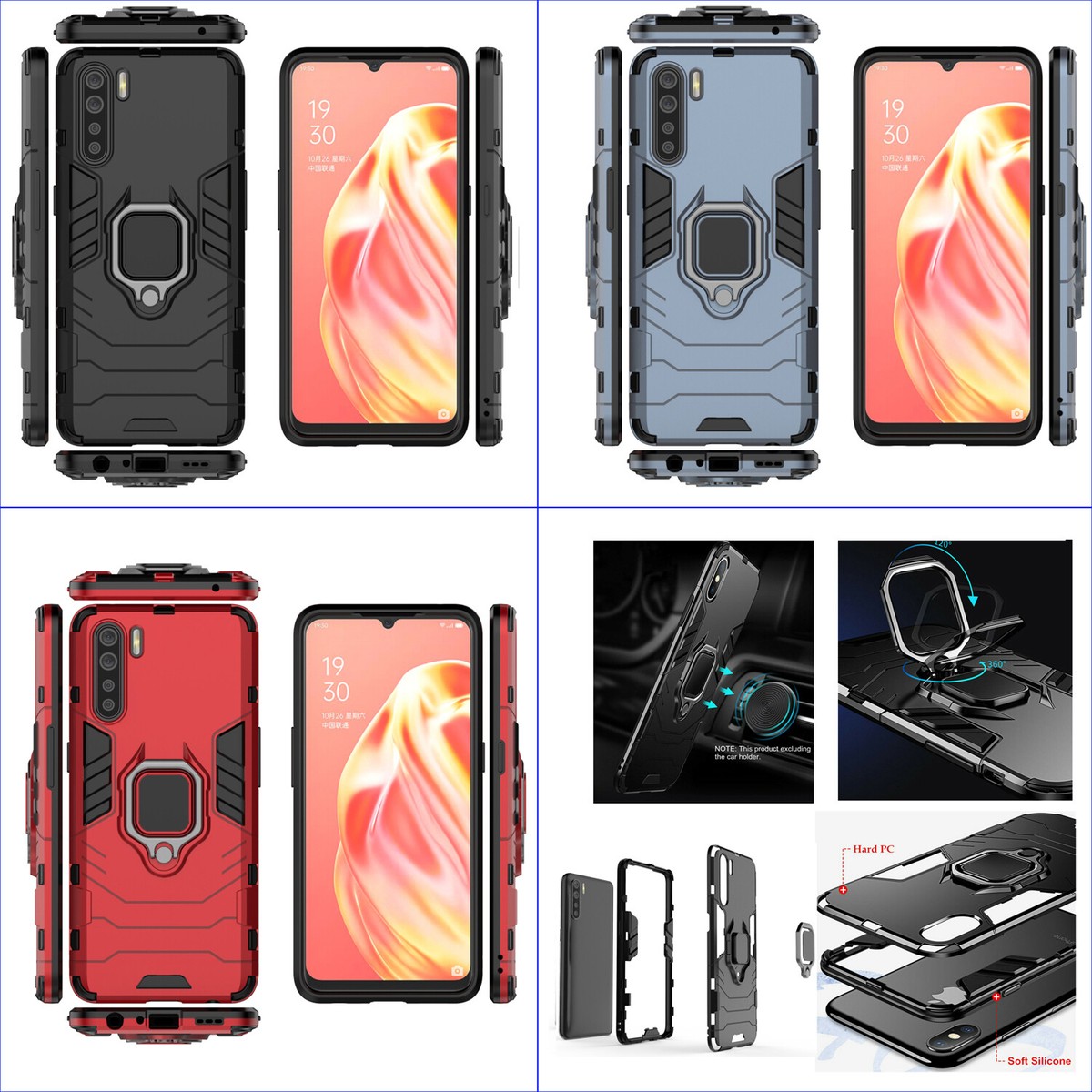 For Oppo F15 2020 A91 2019, Shockproof Rugged Ring Grip Car
