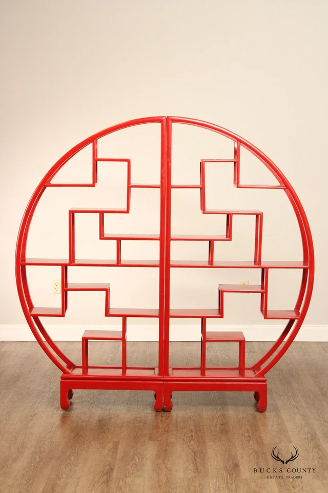 Divisor de habitación redondo de dos partes pintado de rojo estilo asiático Etagere Foto 3 de 4