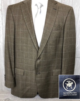 Recent Hart Schaffner Marx Mens Brown Windowpane Wool Sport Coat 42 Long (t18)