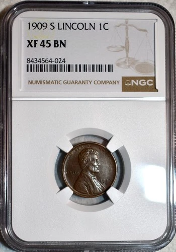 NGC XF-45 BN 1909-S Lincoln Cent, Sharply Struck, Chocolate-Brown, Key-Date!