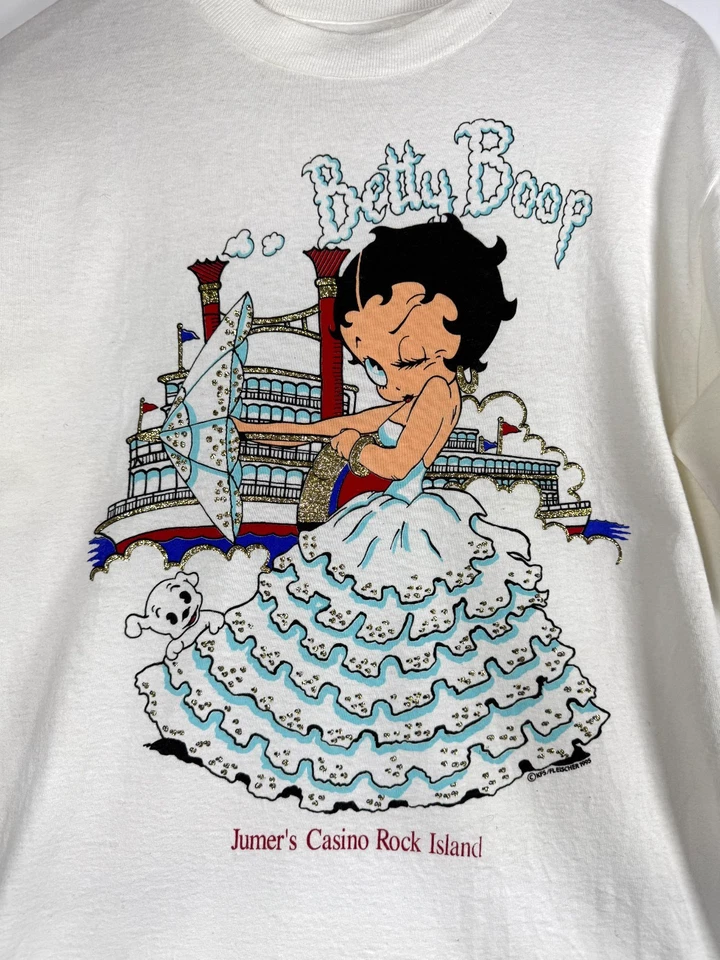 Vintage Betty Boop T Shirt Women Medium White Jumers Casino Rock Island USA Made - Image 2 of 4