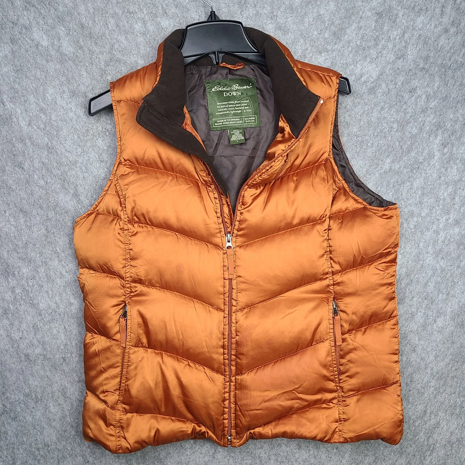 Eddie Bauer Goose Down Quilted Puffer Vest Gilet Men LARGE Orange Nylon Shell