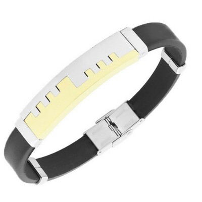 Stainless Steel Black Rubber Silver Gold Tone City Skyline Mens Bangle Bracelet