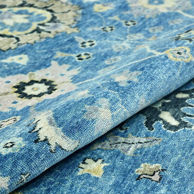 Modern Oushak Hand Knotted Floral Rug 9x12 Blue 100% Wool Carpet for Living Room