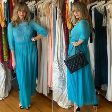 1940s/50s Evening Dress - Turquoise Sheer Dress - Vintage Evening Dress M