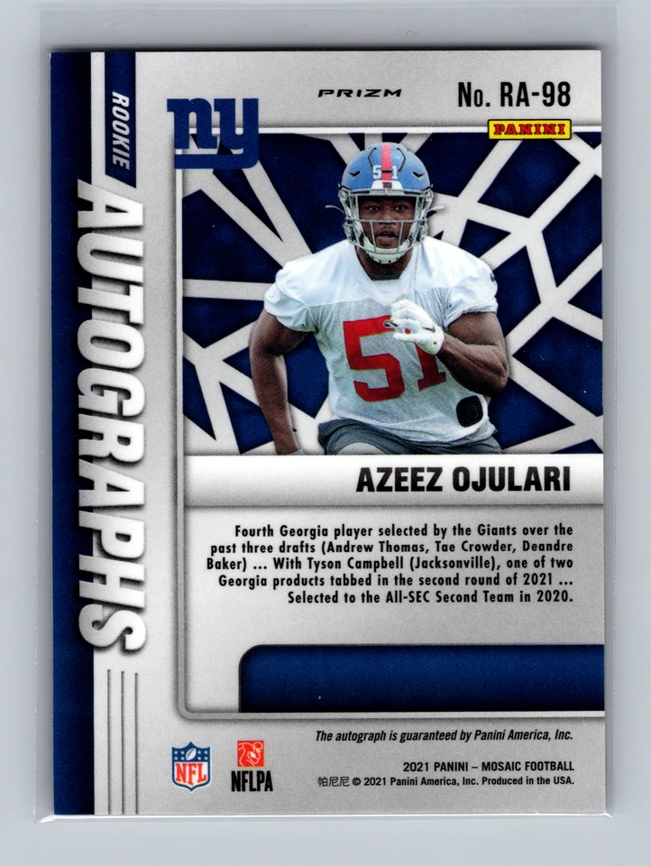 2021 Panini Mosaic Azeez Ojulari RC Auto #RA-98 New York Giants - Image 2 of 2