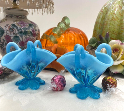 2 Davidson Pearline Blue Opal Glass Lady Carolina 3 Handle Victorian Basket Vase