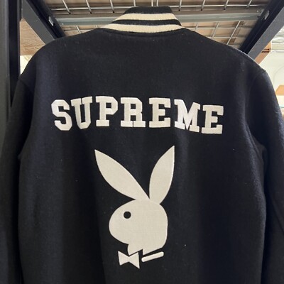 PRE OWNED SUPREME X PLAYBOY BLACK VARSITY JACKET SZ S SMALL PRE OWNED SUPREME X PLAYBOY BLACK VARSITY JACKET SZ S SMALL