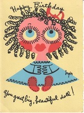 Vintage Birthday Greeting Card Beautiful Doll Fuzzy Felt Ringlet Hair Big Eyes