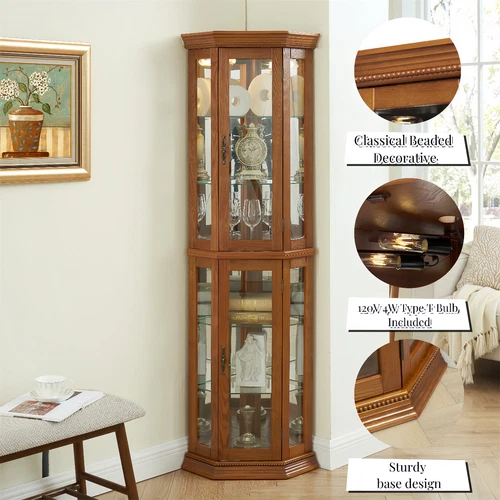 6 Shelf Corner Curio Display Cabinet,69.49"H Lighted Wooden Bar Glass Cabinet - Picture 10 of 47